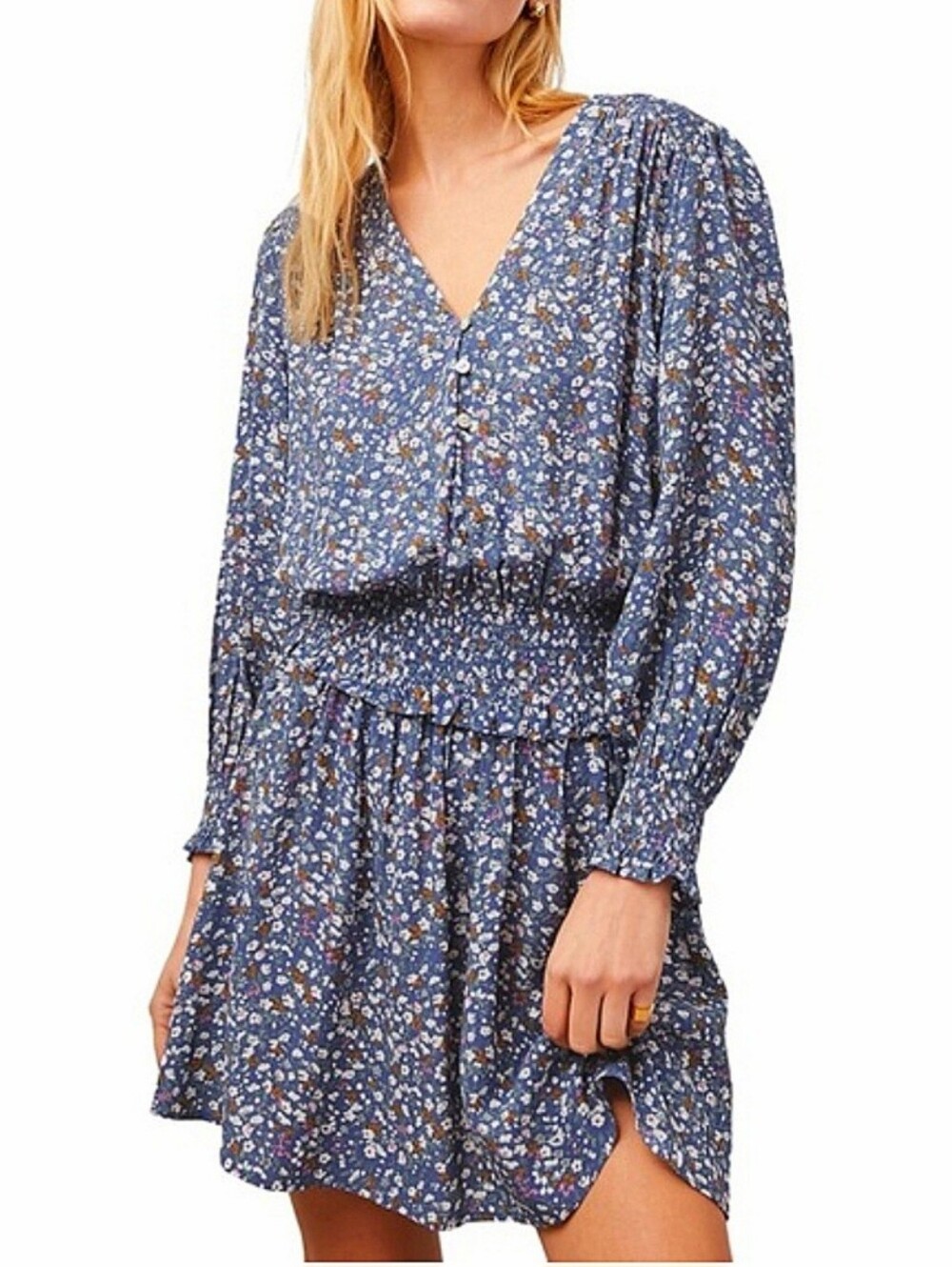 Rails Zana Chiffon Mini Dress Blue Ditsy Floral Print Shirred Elastic Wst Sz Sml